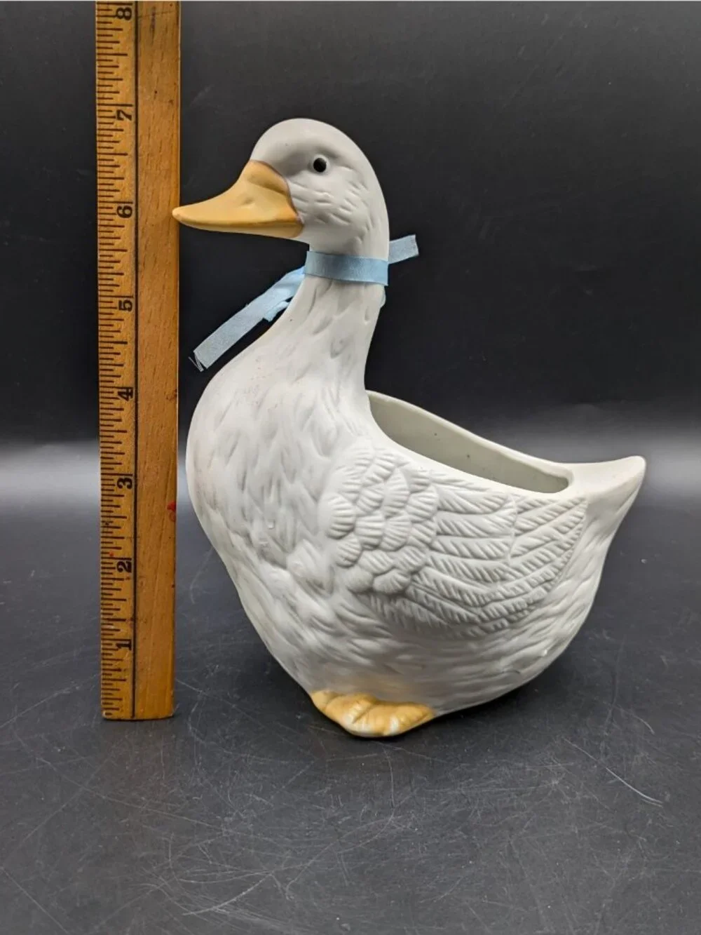 Homco Vintage Duck Goose Planter White Bisque Blue Bow Farmhouse Cottagecore 7